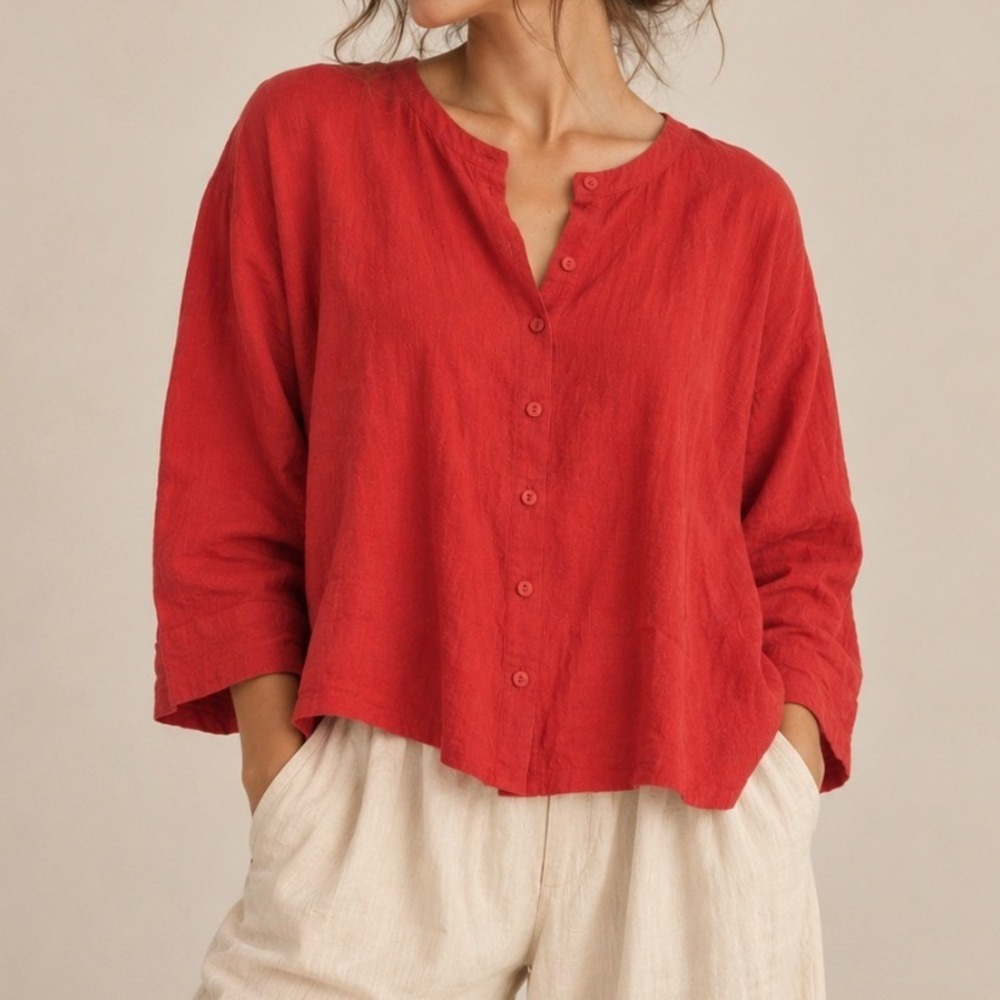 Eileen Fisher Top 100% Irish Linen PM Red Boxy Button Up Lagenlook Luxury Earthy
